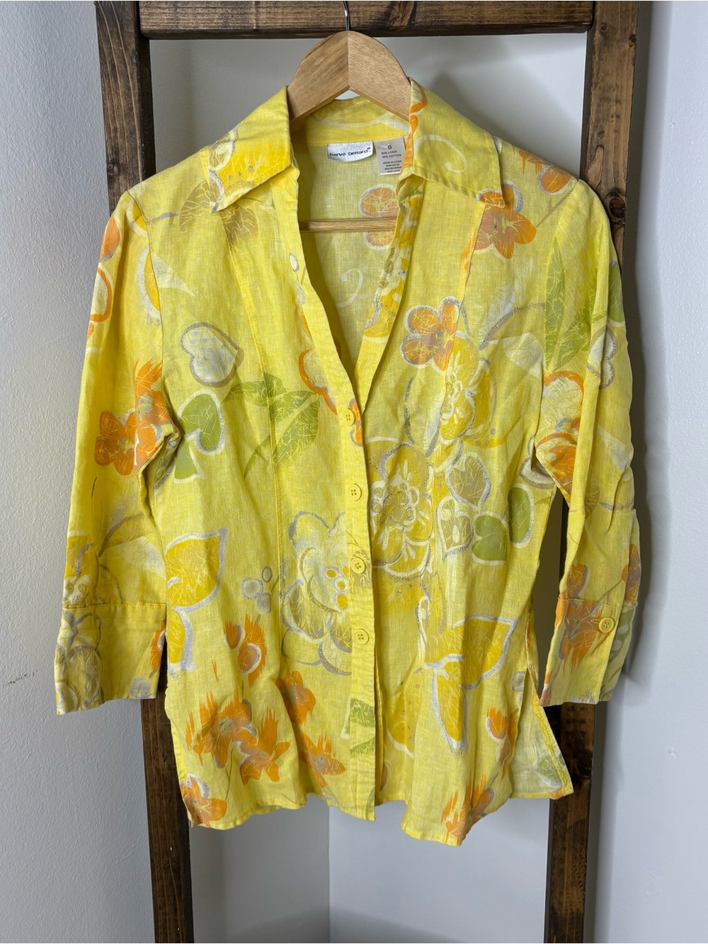 Harve Benard Yellow Floral Button-Front Linen Shirt Size S